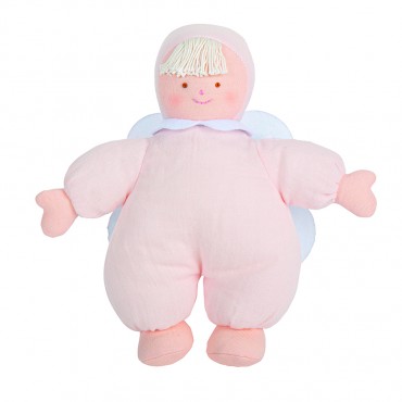 Ange Doudou avec Hochet 20Cm - Coton Bio Rose Poudré