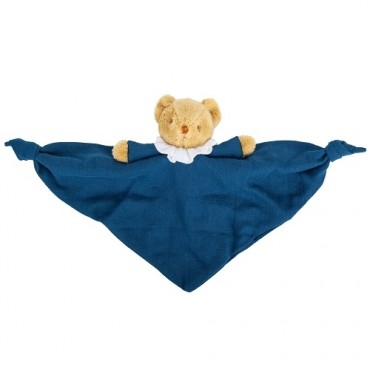Bear Triangle Comforter with Rattle 20Cm - Blue Denim Organic Coton