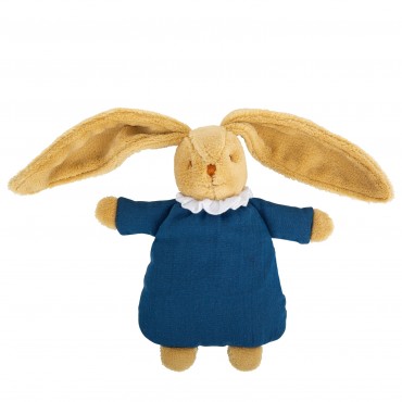 Lapin Nid d'Ange Doudou avec Hochet 20Cm - Coton Bio Bleu Denim