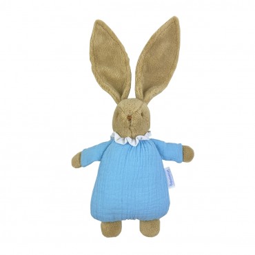 Lapin Nid d'Ange Doudou avec Hochet 20Cm - Coton Bio Bleu Ciel