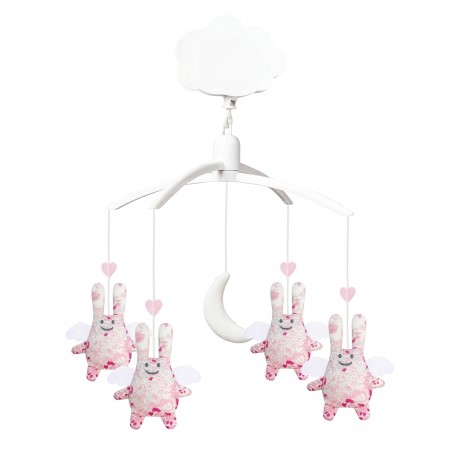 Mobile Musical Ange Lapin Fleurs Roses