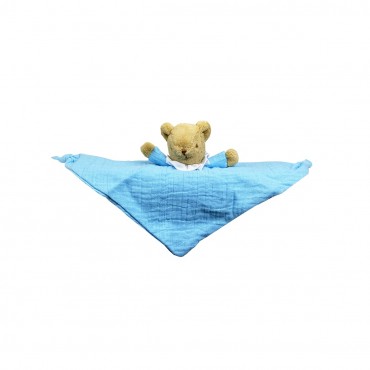 Ours Triangle Doudou avec Hochet 20Cm - Coton Bio Bleu Ciel