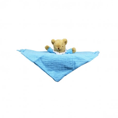 Ours Triangle Doudou avec Hochet 20Cm - Coton Bio Bleu Ciel