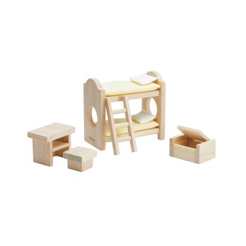 Lits superposés avec literie, échelle, coffre à jouets, bureau et tabouret — tout pour créer un espace ludique et fonction